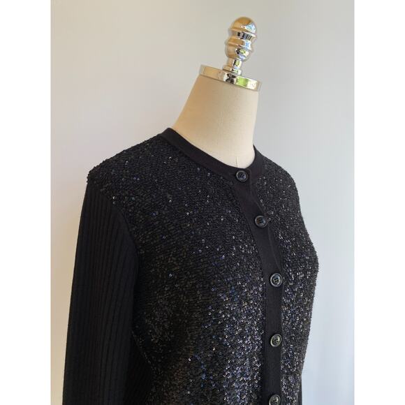 CURRENT St John Sequin-Front Wide Rib Knit Wool Silk Cardigan sz M $795 - Picture 7 of 13